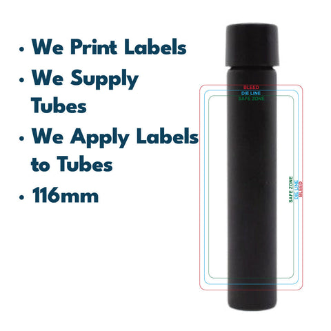 116mm Glass Tube, Printed Sticker, and Application of Sticker Clear or Matte Black Glass Blunt Tube w/ Plastic Black Child Resistant Cap-Custom Print Stickers