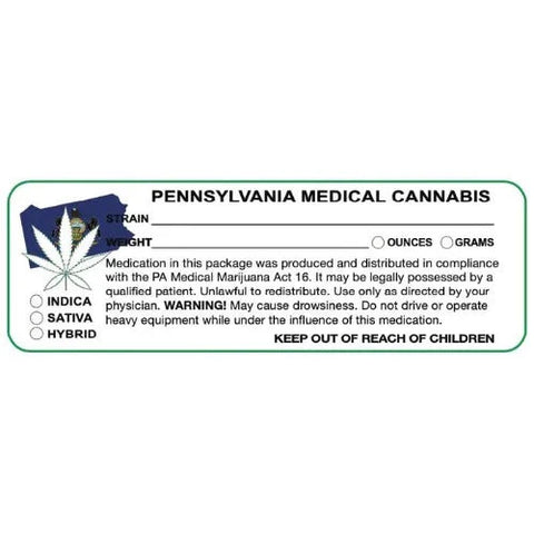 Pennsylvania "Canna Strain & Weight Label" 1" x 3" Inch 1000 Count-Prescription Labels & State Compliant Labels