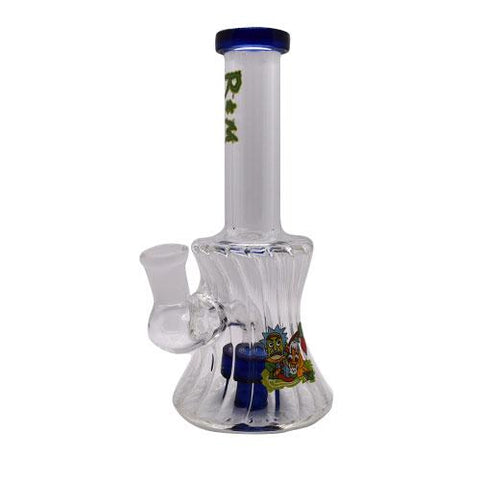7” R&M Glass Hand Held bubbler with blue artistic detail, 3” round base